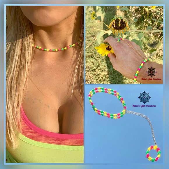 Neon Swarovski Pearls Necklace-Bracelet & Ring Set - Picture 1 of 13